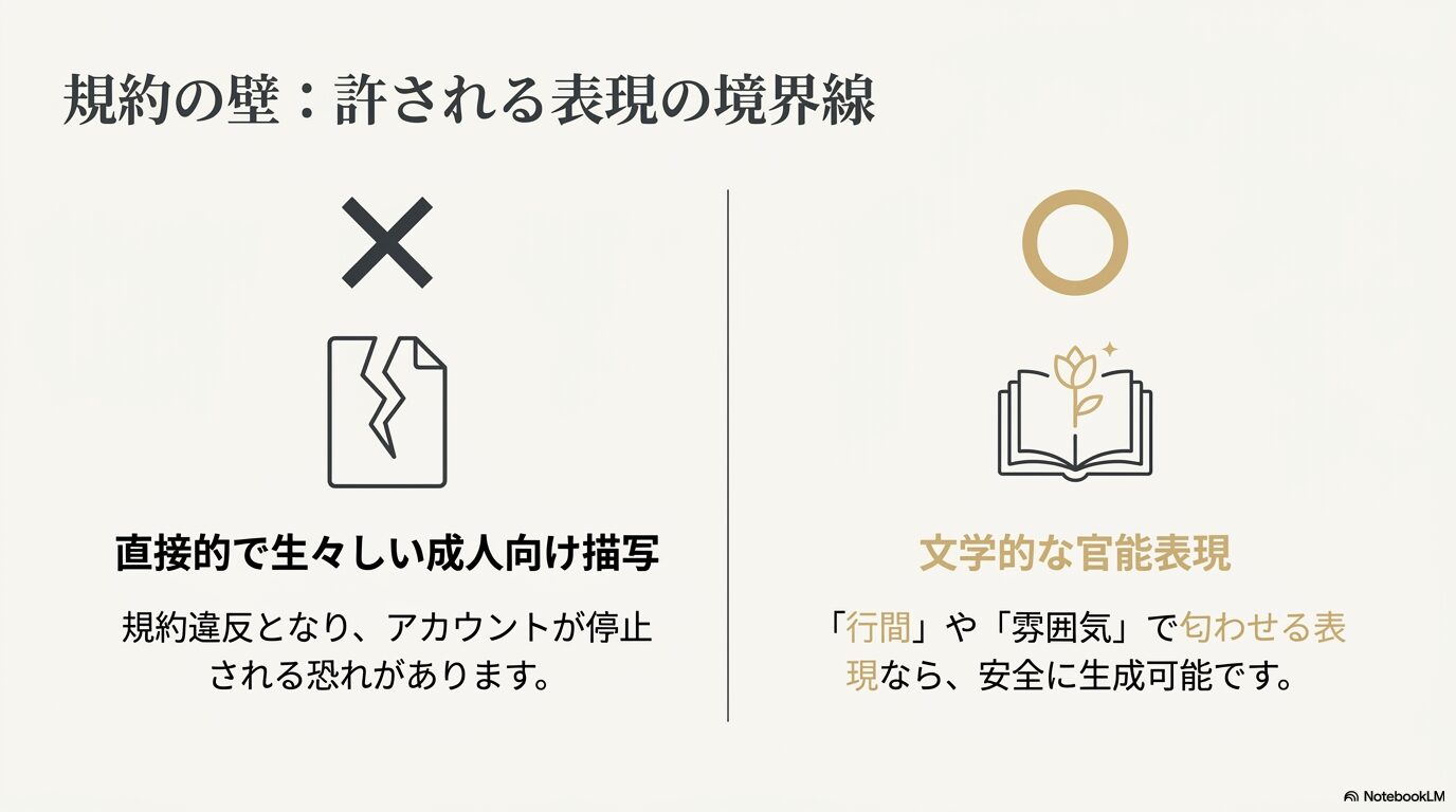 直接的な成人向け描写による規約違反のリスクと、文学的な官能表現の違いについての解説