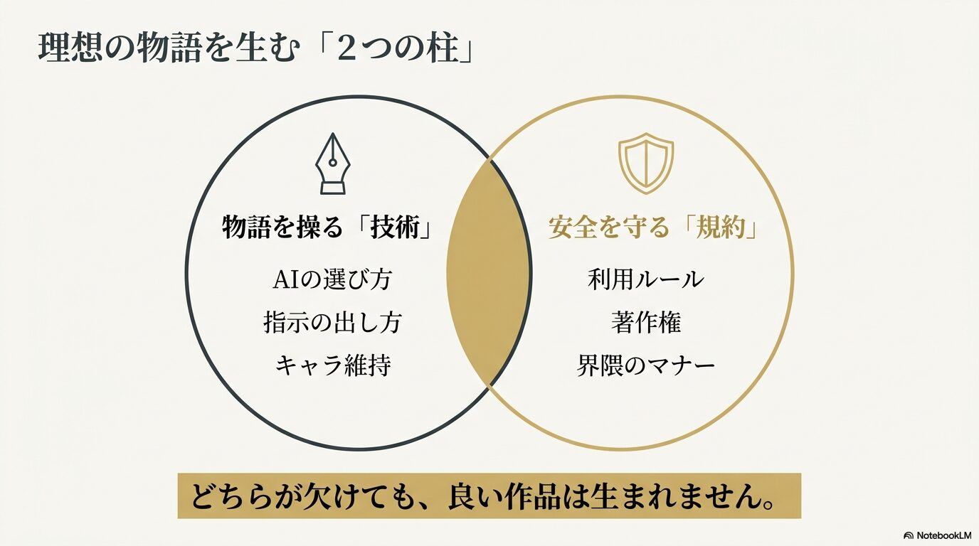 物語を操る技術と安全を守る規約の2つの柱を示す図