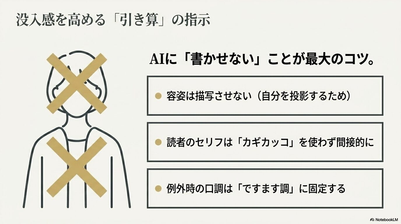 容姿描写をさせないなど、AIに書かせないことで没入感を高める引き算の指示のコツ