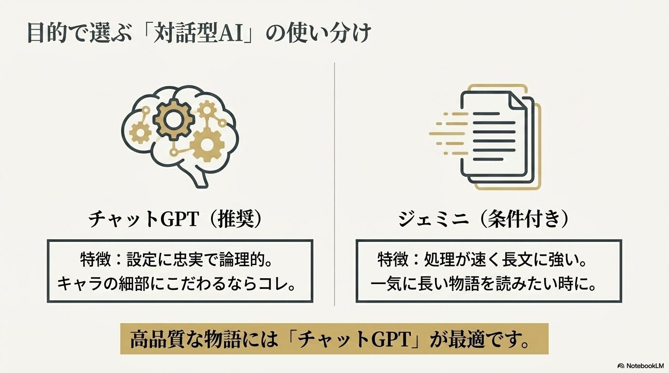 チャットGPTとジェミニの特徴を比較し、目的別の使い分けを解説するスライド