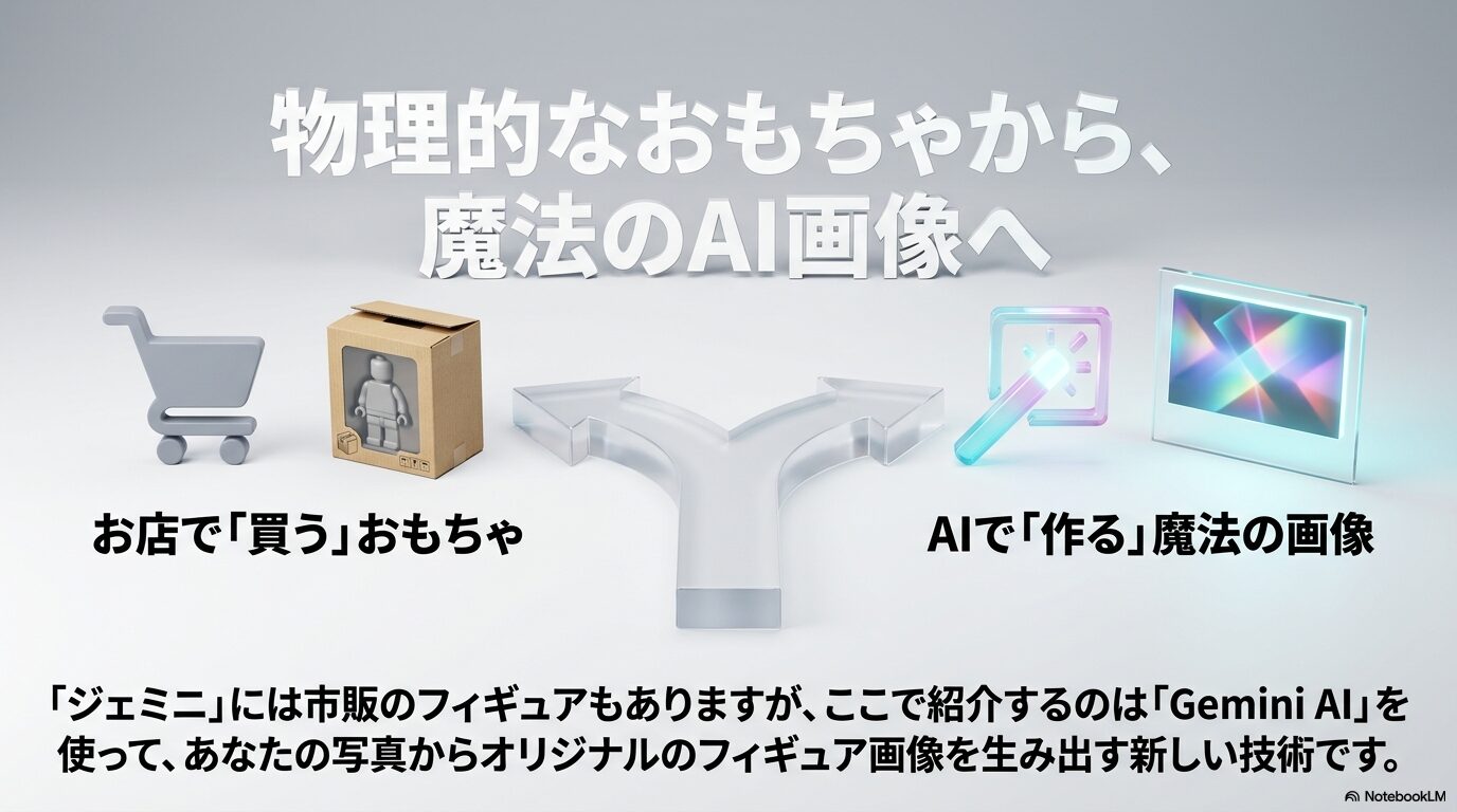 お店で買う市販のフィギュアおもちゃと、Gemini AIを使って自分の写真から作るオリジナルの魔法の画像との違いを対比した解説