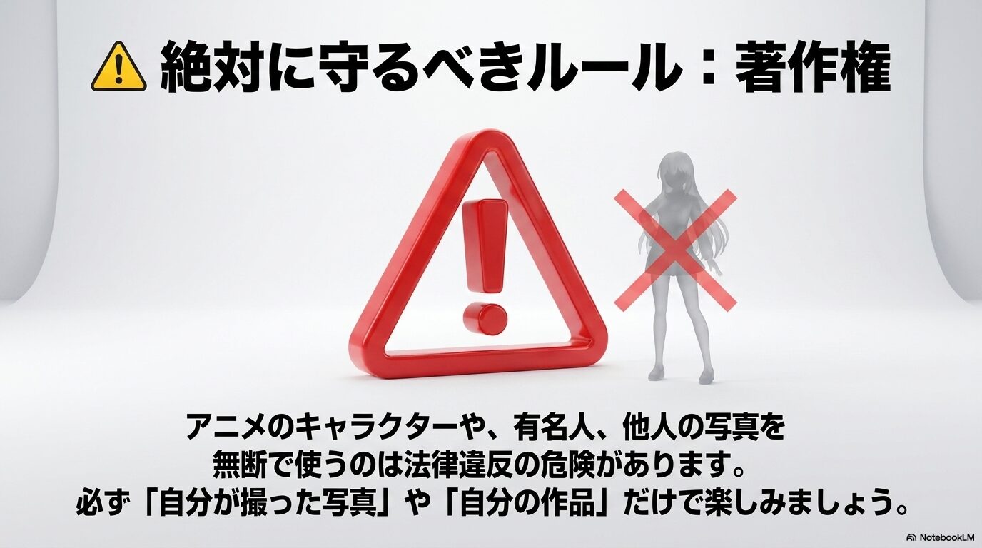 アニメキャラクターや有名人、他人の写真の無断使用は法律違反の危険があるため、必ず自分が撮った写真や自分の作品だけで楽しむべきだという著作権に関する警告