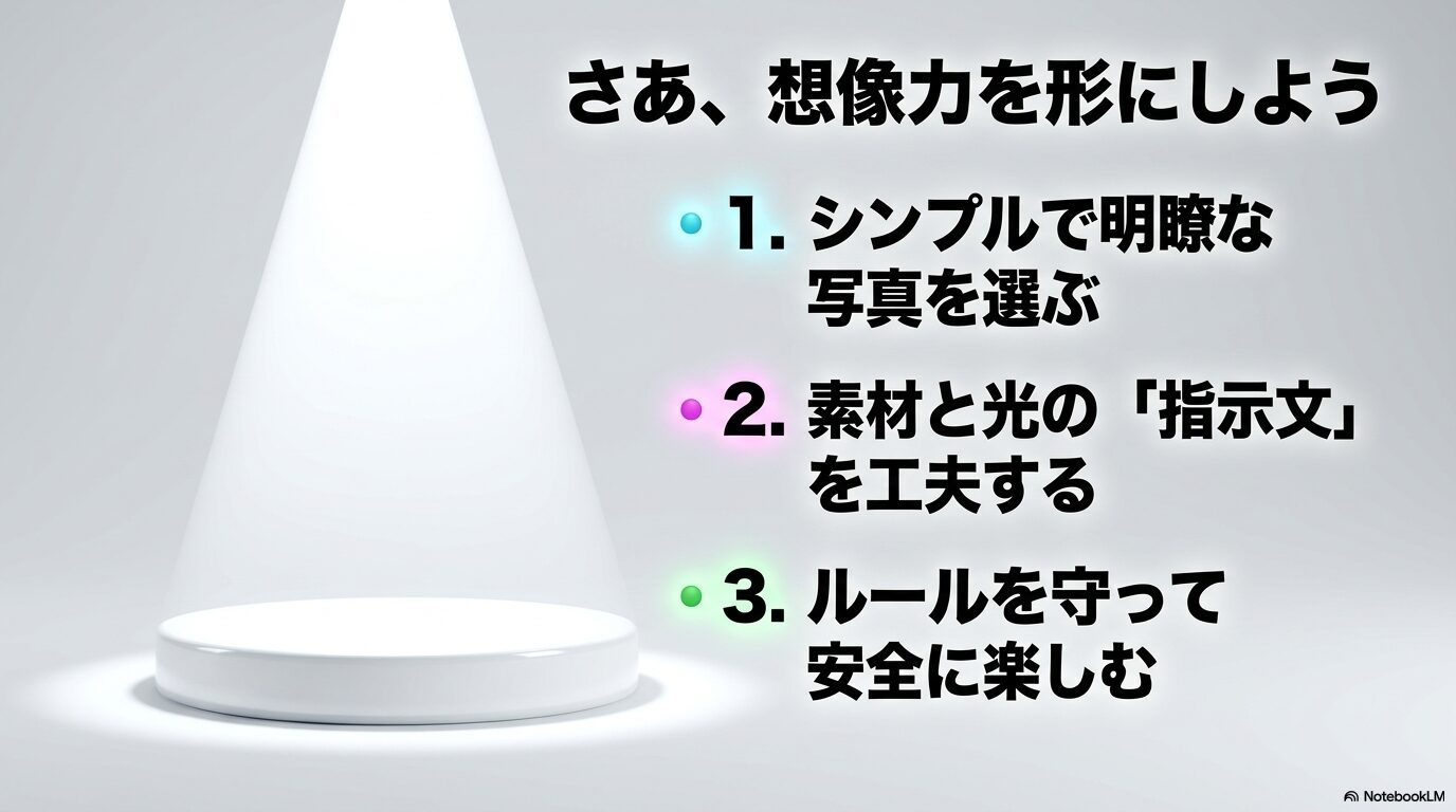これまでの解説のまとめとして、シンプルで明瞭な写真を選ぶ、素材と光の指示文を工夫する、ルールを守って安全に楽しむという3つのステップを記載したスライド