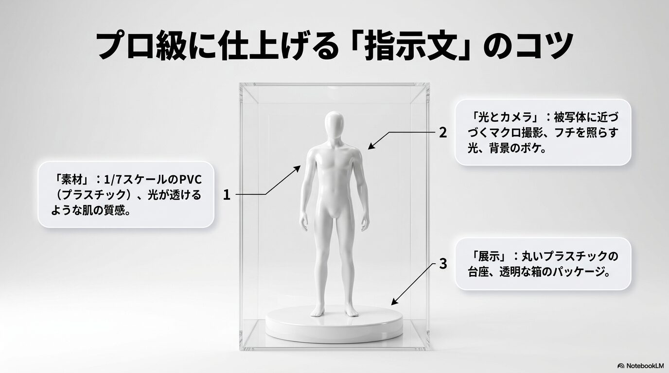 プロ級に仕上げる指示文のコツとして、1/7スケールのPVC素材、マクロ撮影や背景のボケなどのカメラ設定、丸い台座や透明な箱といった展示環境の指定方法をまとめた解説