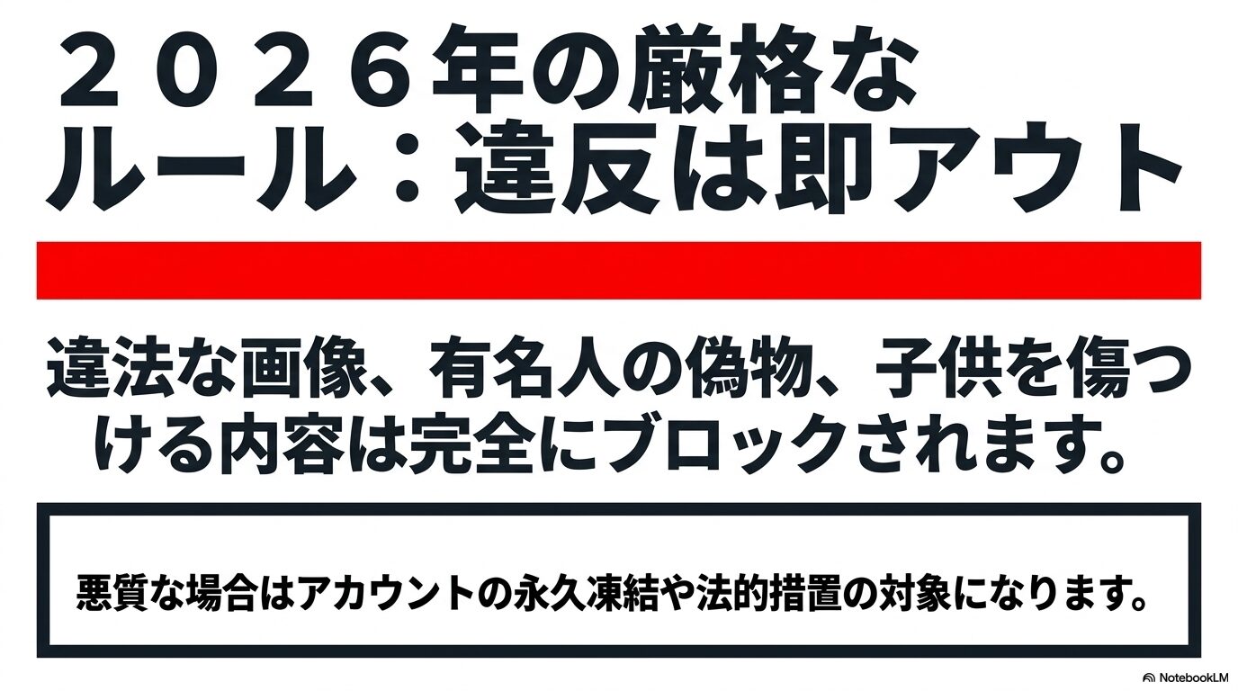 違法な画像や子供を傷つける内容は完全にブロックされ、違反すると即座にアカウント凍結などの対象になる2026年の厳格なルール