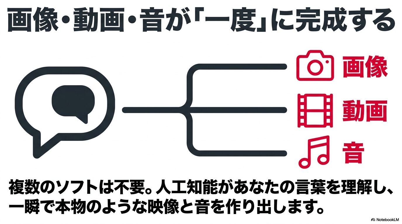 テキストのプロンプト入力から画像、動画、音声が単一のパイプラインで同時に生成されるGrokの機能を示す図解
