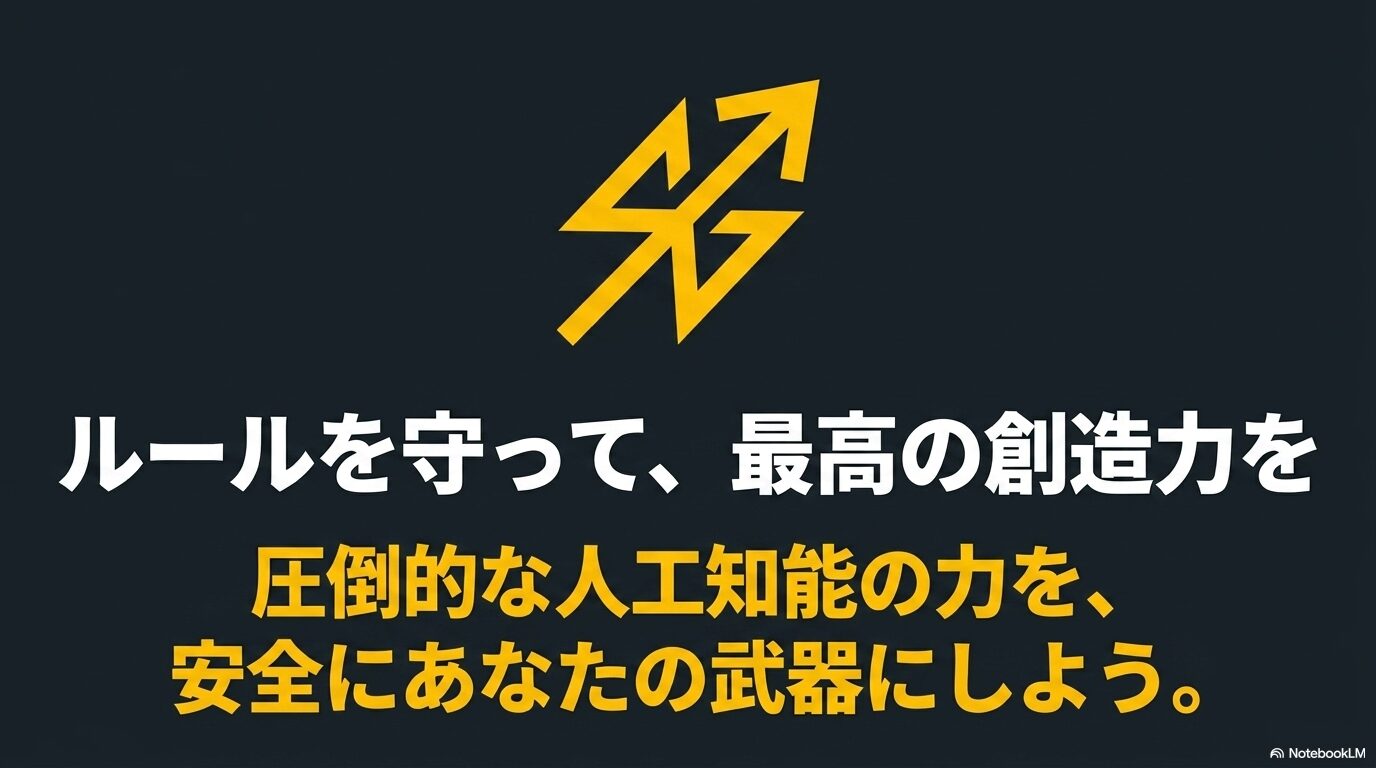 「ルールを守って、最高の創造力を」というメッセージと、Grokのシンボルマークが描かれたまとめのスライド