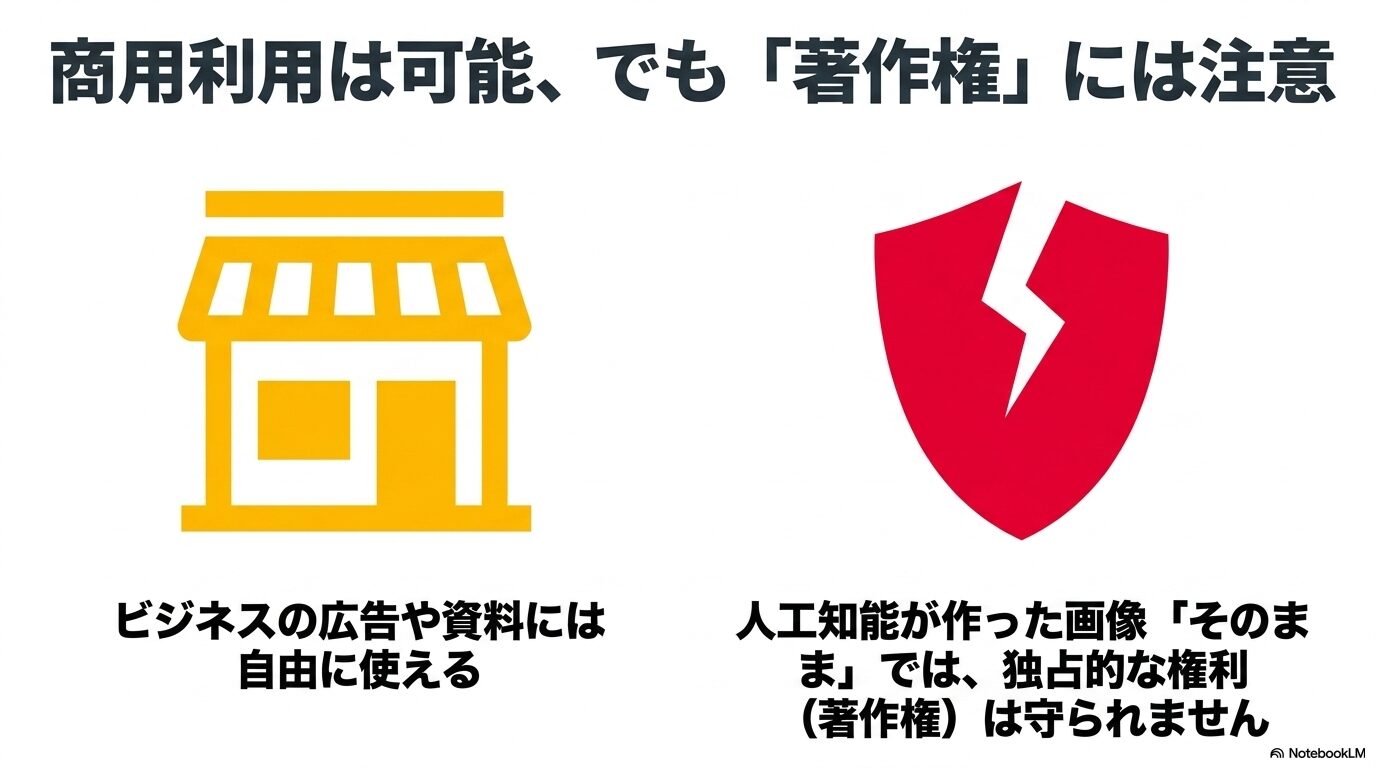 Grokで生成した画像はビジネスに商用利用可能だが、そのままの状態では独占的な著作権で守られないことを示す図解