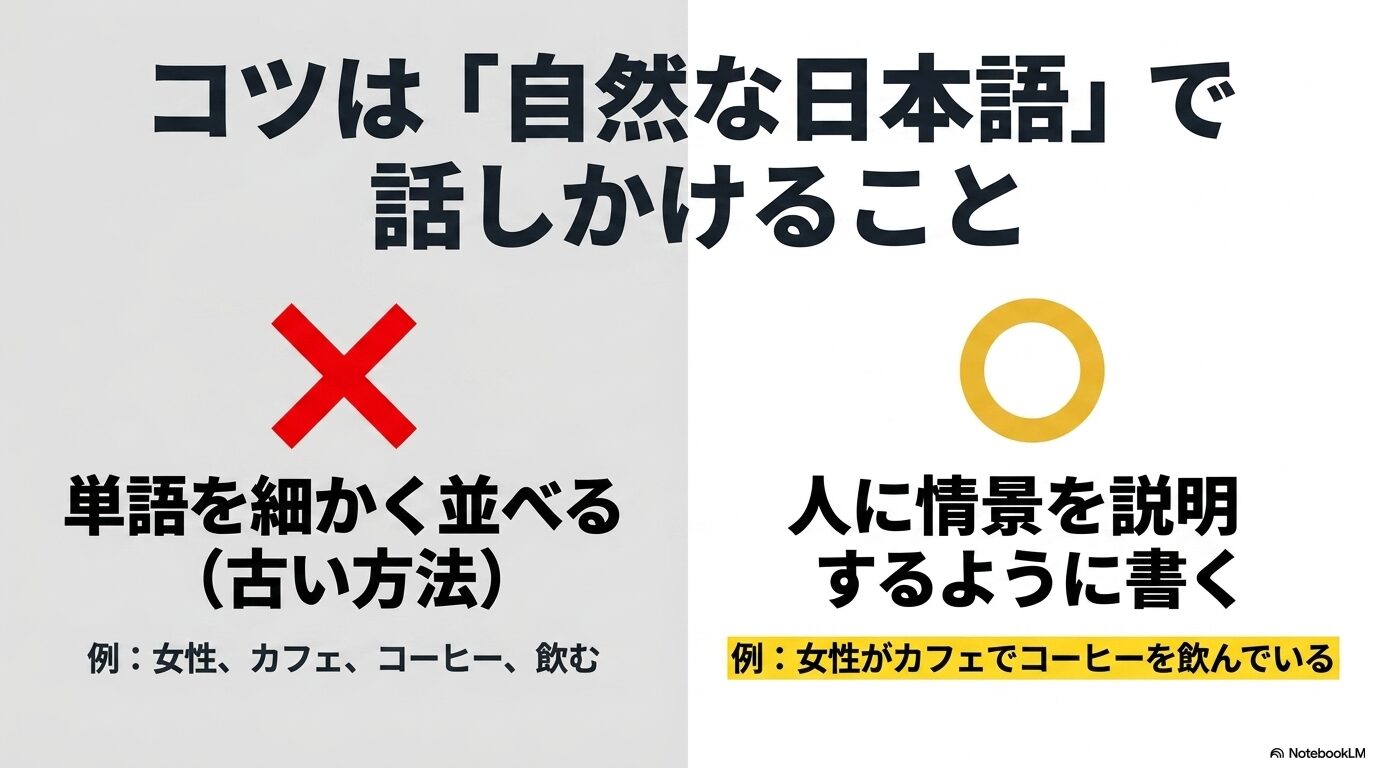 単語を細かく並べる古い方法にバツ、人に情景を説明するように自然な文章で書く方法にマルの判定がついたプロンプト作成のコツ