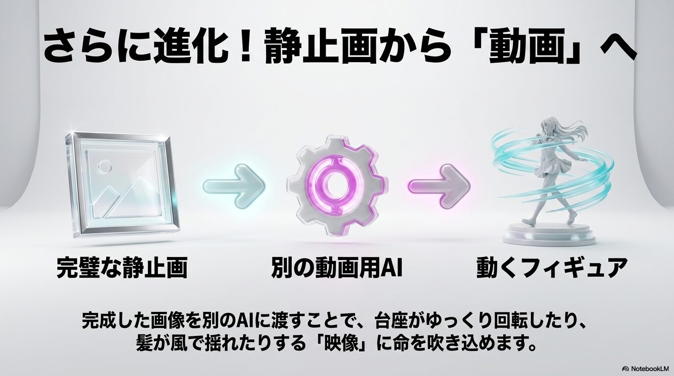 完成した完璧な静止画画像を別の動画用AIに渡すことで、台座が回転したり髪が揺れたりする動くフィギュア映像に命を吹き込むワークフロー