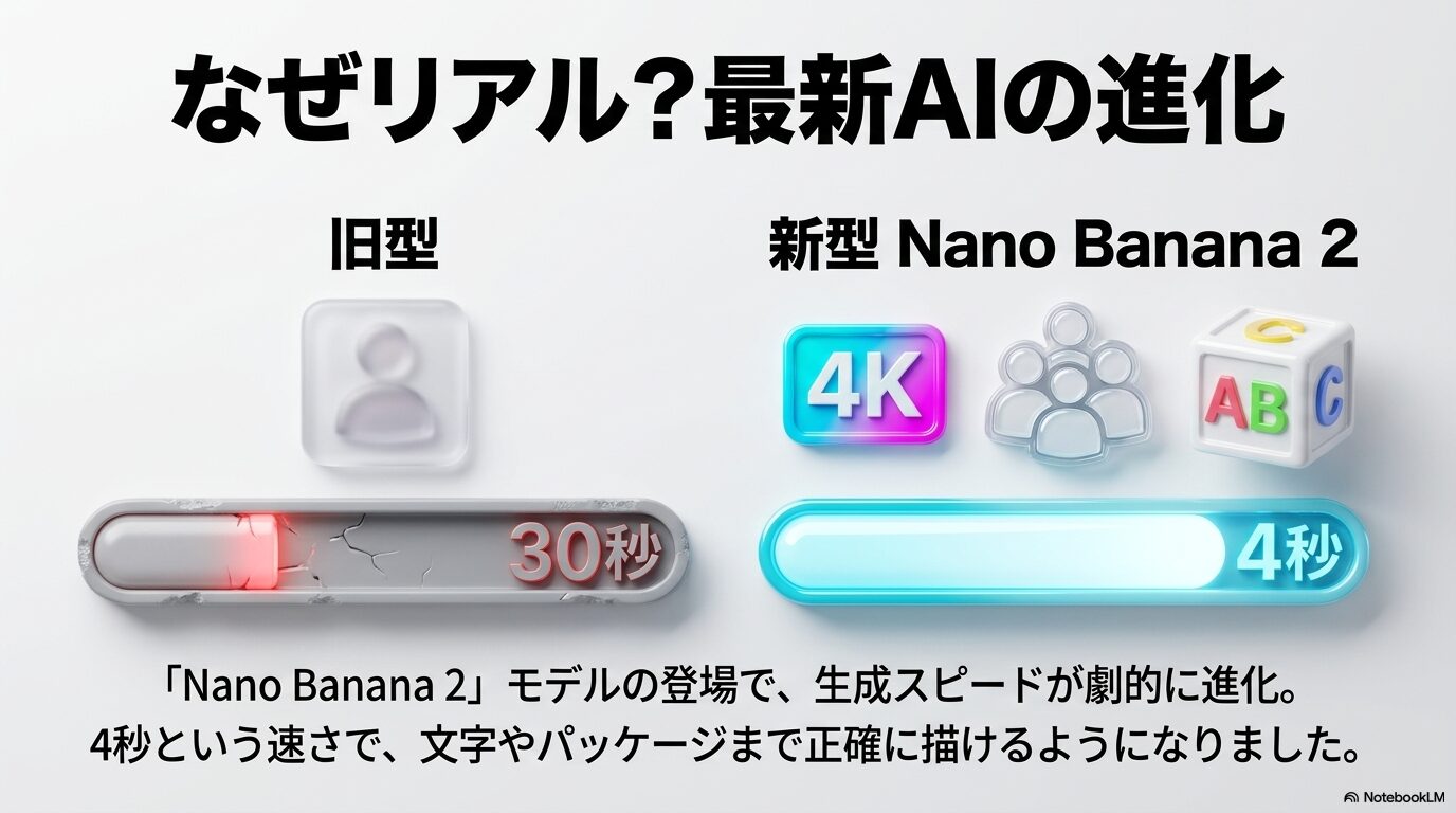 最新モデルNano Banana 2の登場により、生成スピードが30秒から4秒に劇的に進化し、4K解像度で文字やパッケージまで正確に描けるようになったことを示す比較図