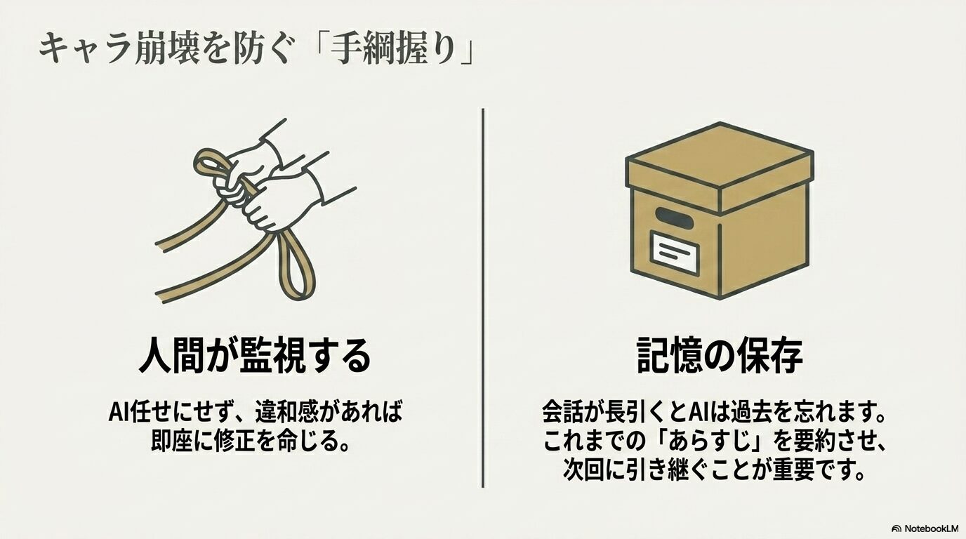 人間が監視し、記憶を保存することでキャラ崩壊を防ぐ方法