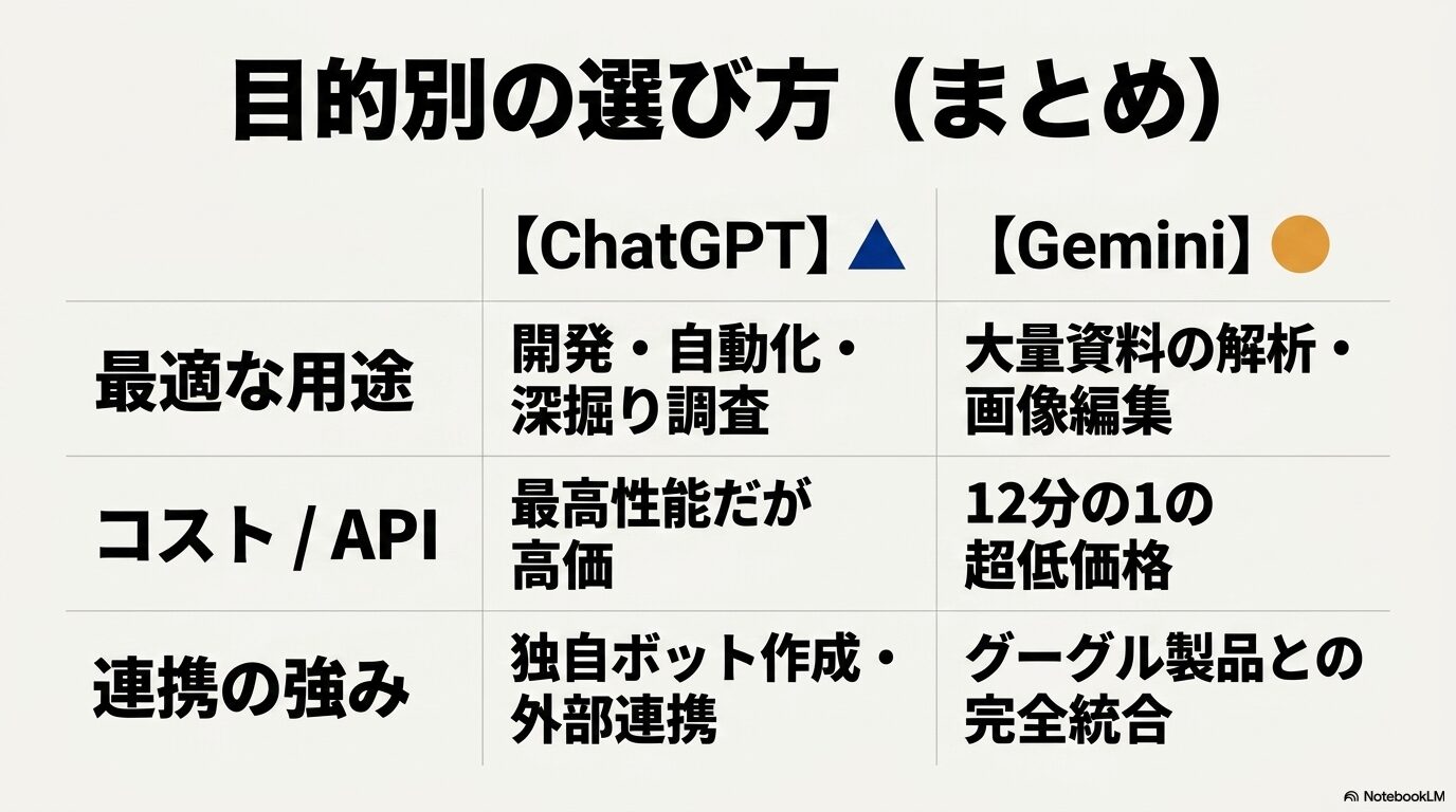 目的別の選び方まとめ表。開発・自動化や深掘り調査ならChatGPT、大量資料の解析や画像編集、低コスト運用ならGemini。
