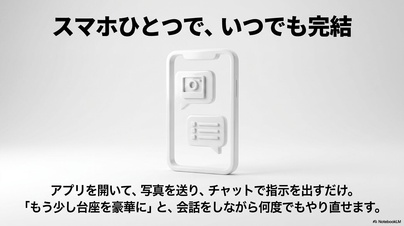 スマホアプリを開いて写真を送り、チャットで対話しながら何度も指示を出し直してフィギュア画像を完成させる手順のイメージ