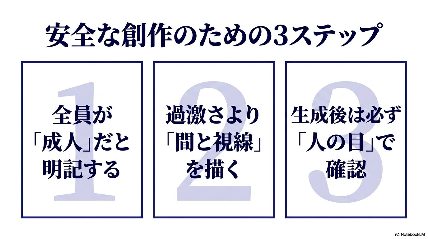 安全な創作のための3ステップ。1. 全員が「成人」だと明記する 2. 過激さより「間と視線」を描く 3. 生成後は必ず「人の目」で確認