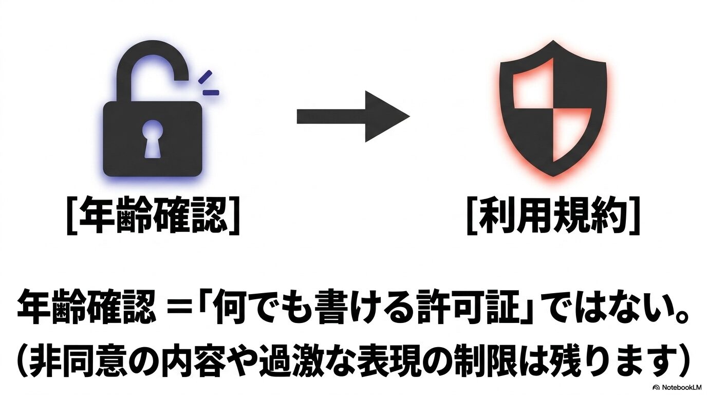 年齢確認 =「何でも書ける許可証」ではない。(非同意の内容や過激な表現の制限は残ります)