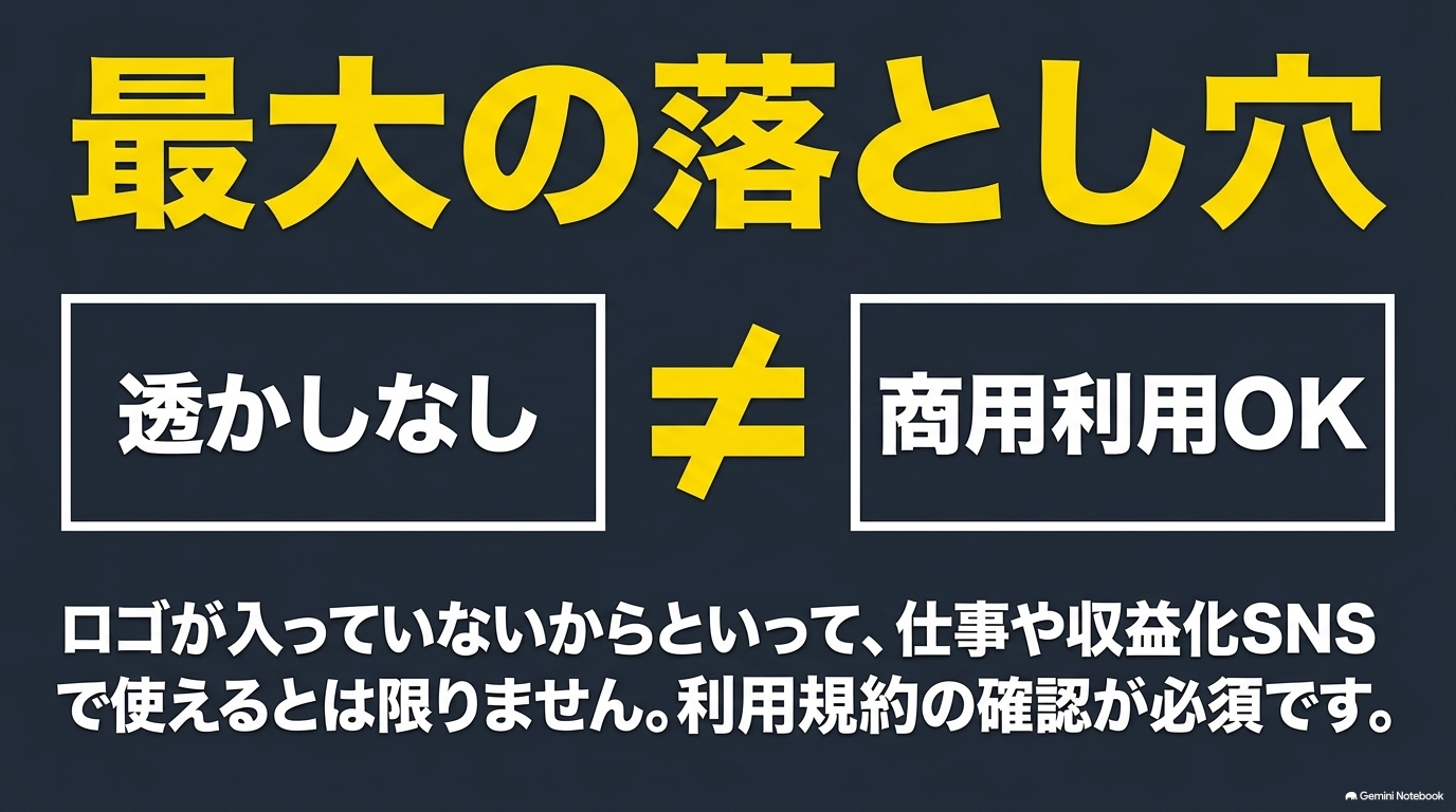 最大の落とし穴として「透かしなし ≠ 商用利用OK」であり、ロゴが入っていなくても仕事や収益化SNSで使えるとは限らず利用規約の確認が必須であることを警告するスライド