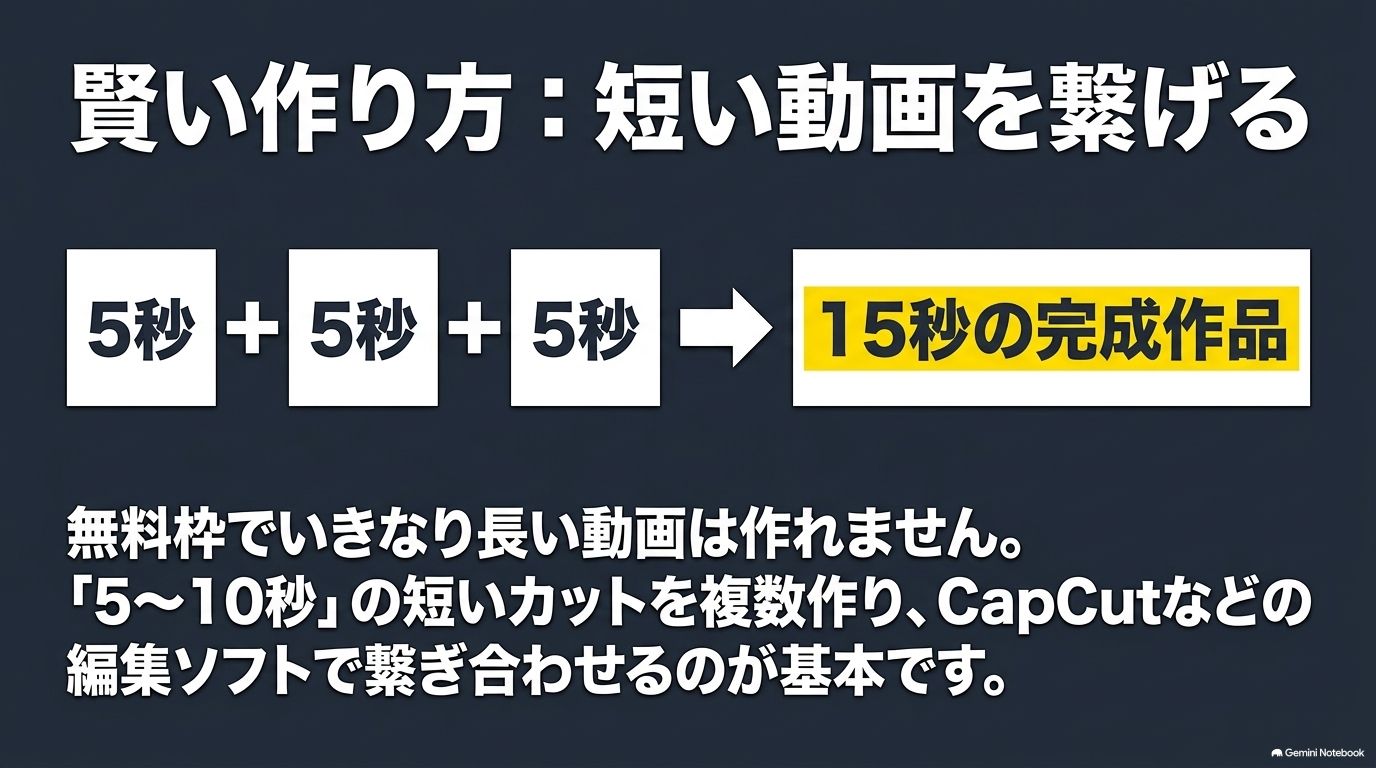無料枠でいきなり長い動画は作れないため、5秒などの短いカットを複数作り編集ソフトで繋ぎ合わせる賢い作り方を解説するスライド