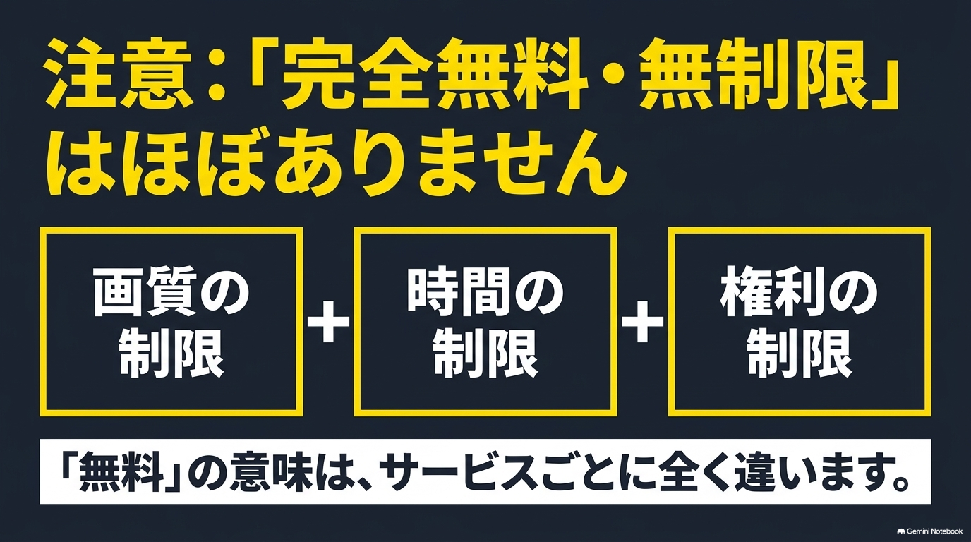 「完全無料・無制限」はほぼなく、画質、時間、権利の制限があり、サービスごとに「無料」の意味が全く違うことを注意喚起するスライド