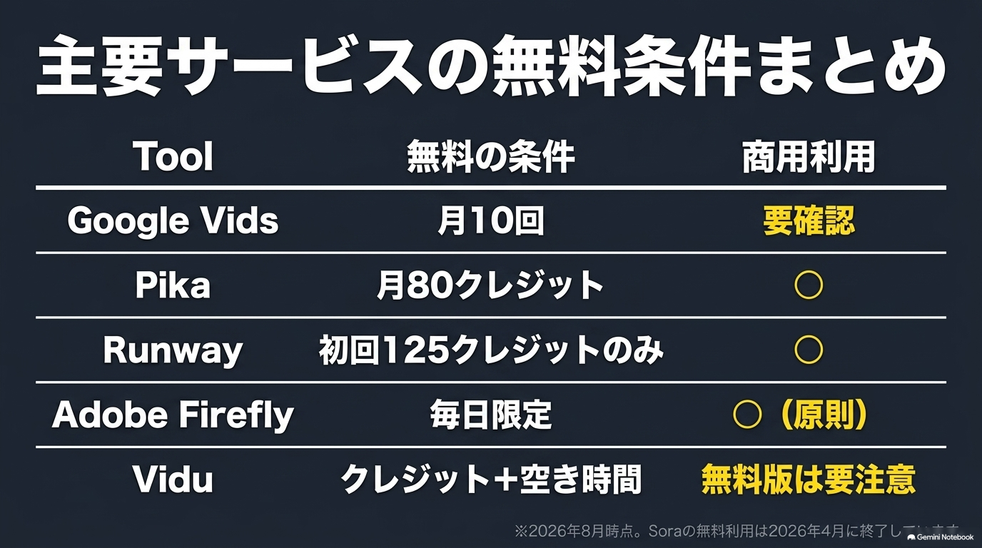 Google Vids、Pika、Runway、Adobe Firefly、Viduの無料条件と商用利用についてまとめた比較表のスライド