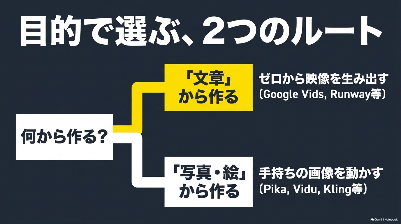 AI動画生成の目的で選ぶ2つのルートとして、「文章から作る（ゼロから映像を生み出す）」と「写真・絵から作る（手持ちの画像を動かす）」があることを説明するスライド