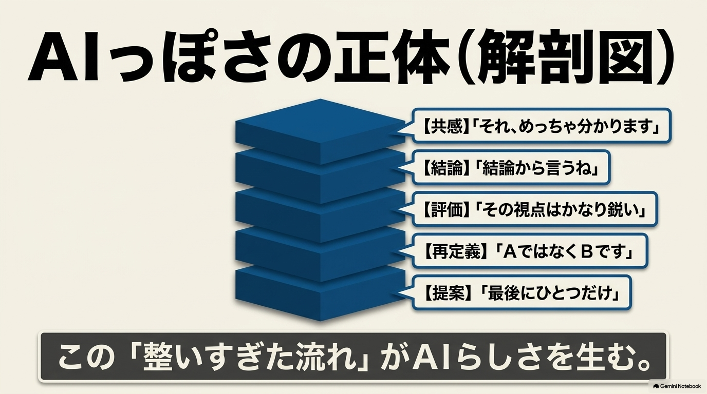 共感、結論、評価、再定義、提案といった整いすぎた流れがAIらしさを生む解剖図
