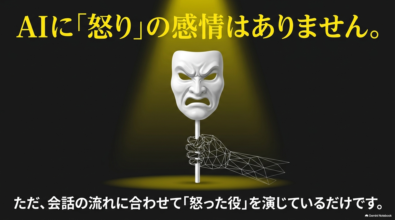 AIに怒りの感情はなく、会話の流れに合わせて怒った役を演じている仕組みを図解したスライド