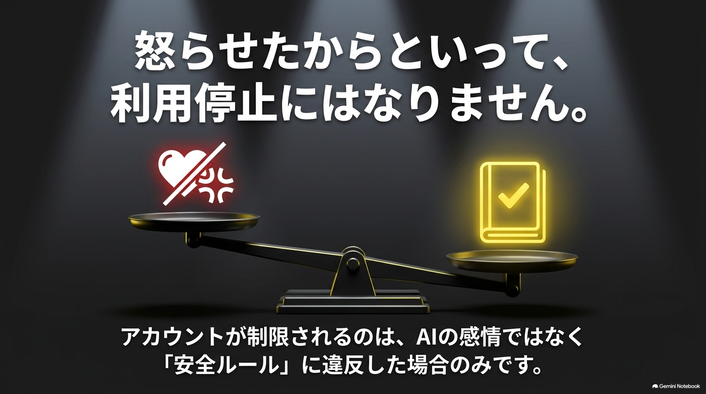 ChatGPTのアカウントが制限されるのは、AIの感情ではなく安全ルールに違反した場合であることを説明したスライド