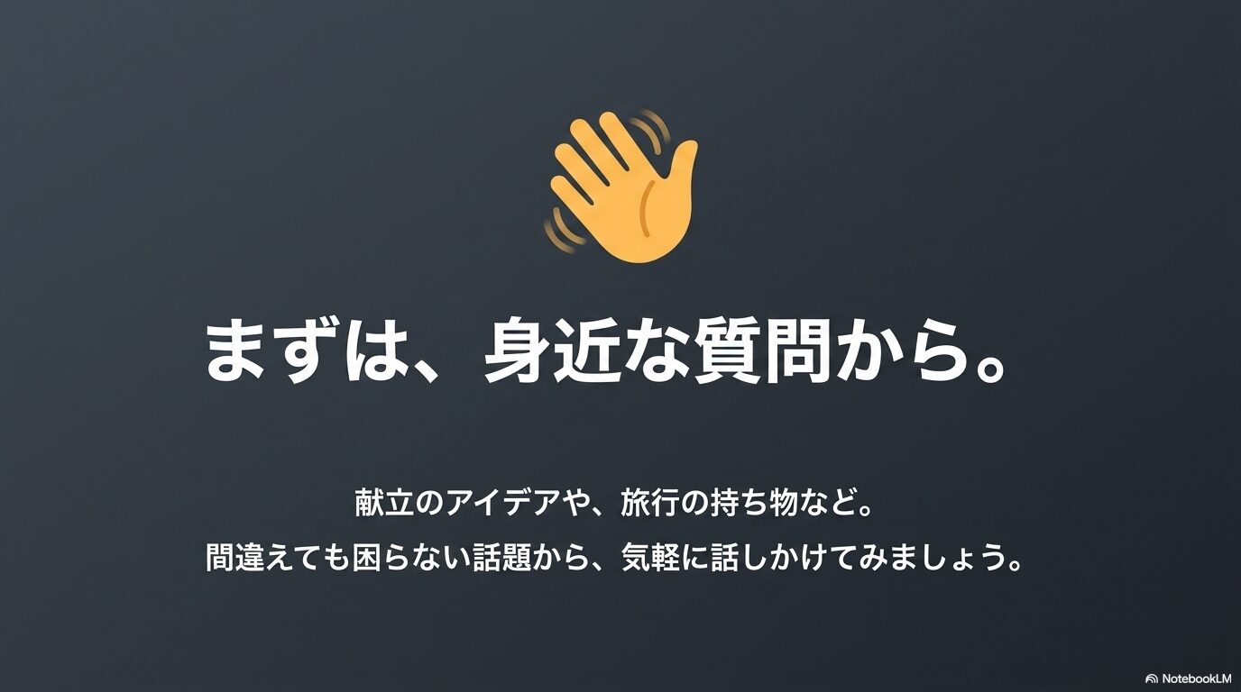 まずは献立のアイデアや旅行の持ち物など、間違えても困らない身近な質問から気軽に話しかけてみようというメッセージの図解