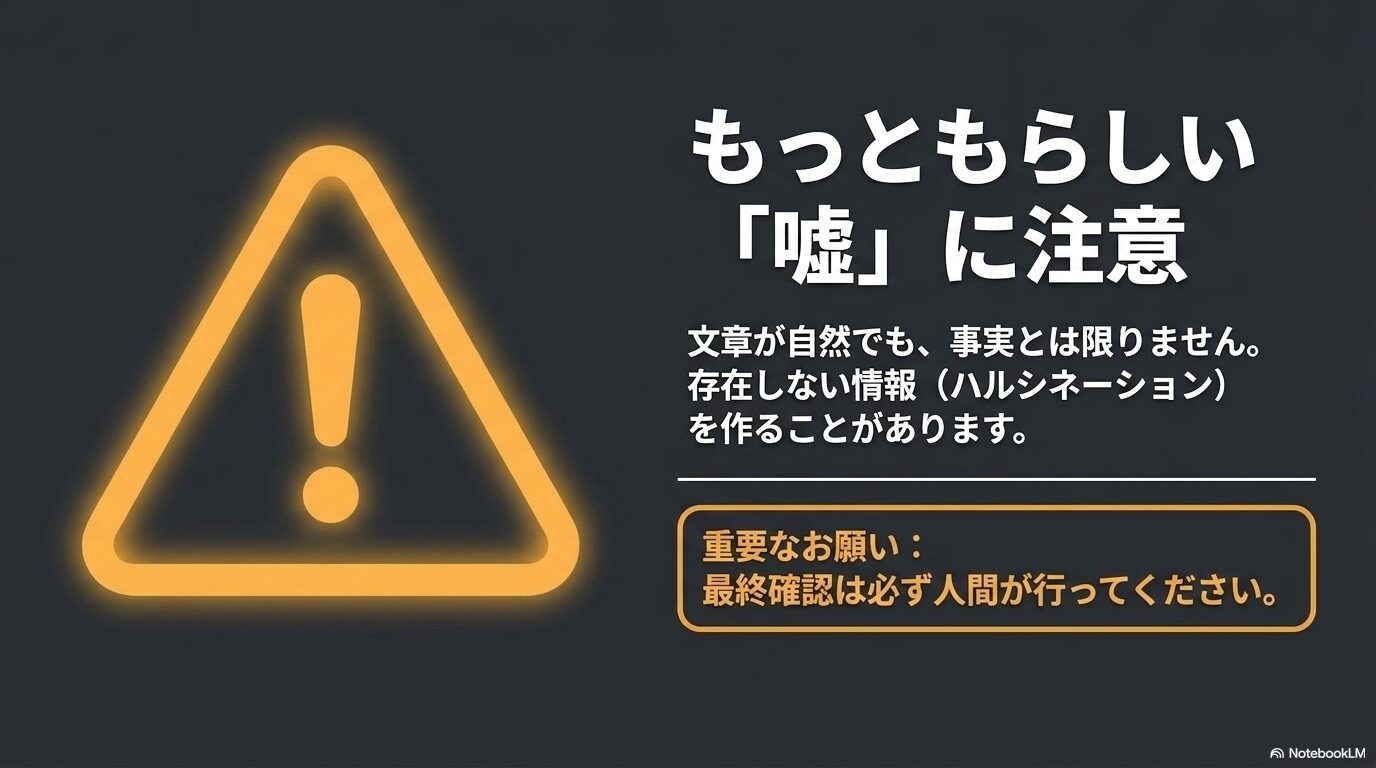 ChatGPTの文章が自然でも事実とは限らず、存在しない情報(ハルシネーション)を作ることがあるため、人間による最終確認が必要であるという注意喚起