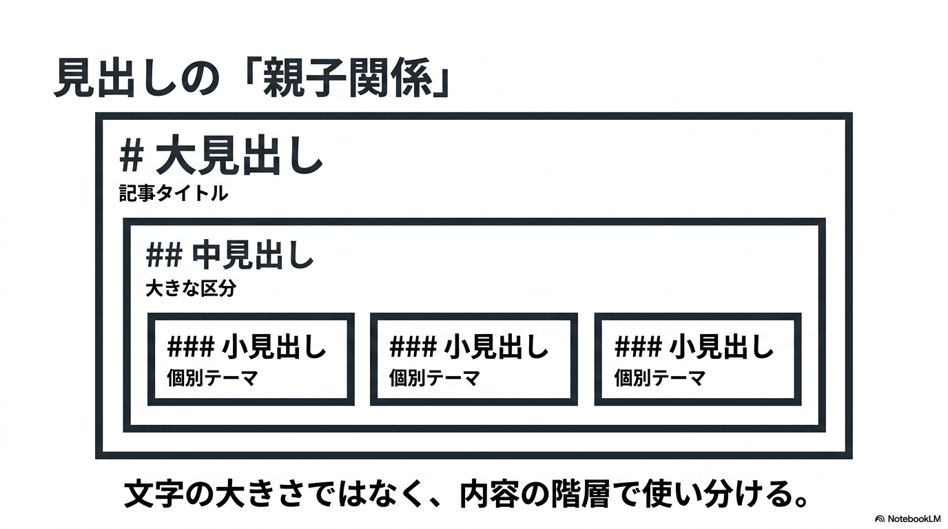 #を大見出し、##を中見出し、###を小見出しとした親子関係の階層構造の図解