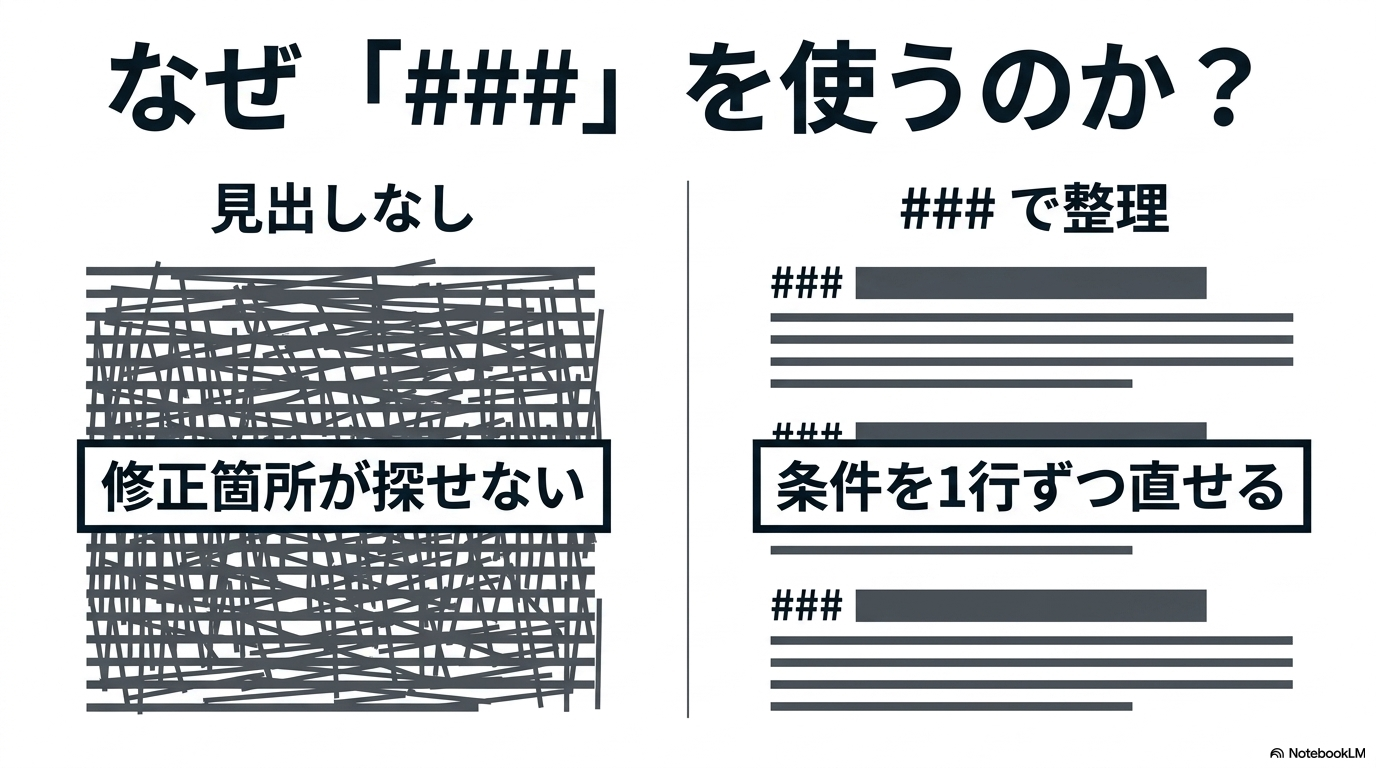 見出しなしでは修正箇所が探せないが、###で整理すると条件を1行ずつ直せることを示す図解