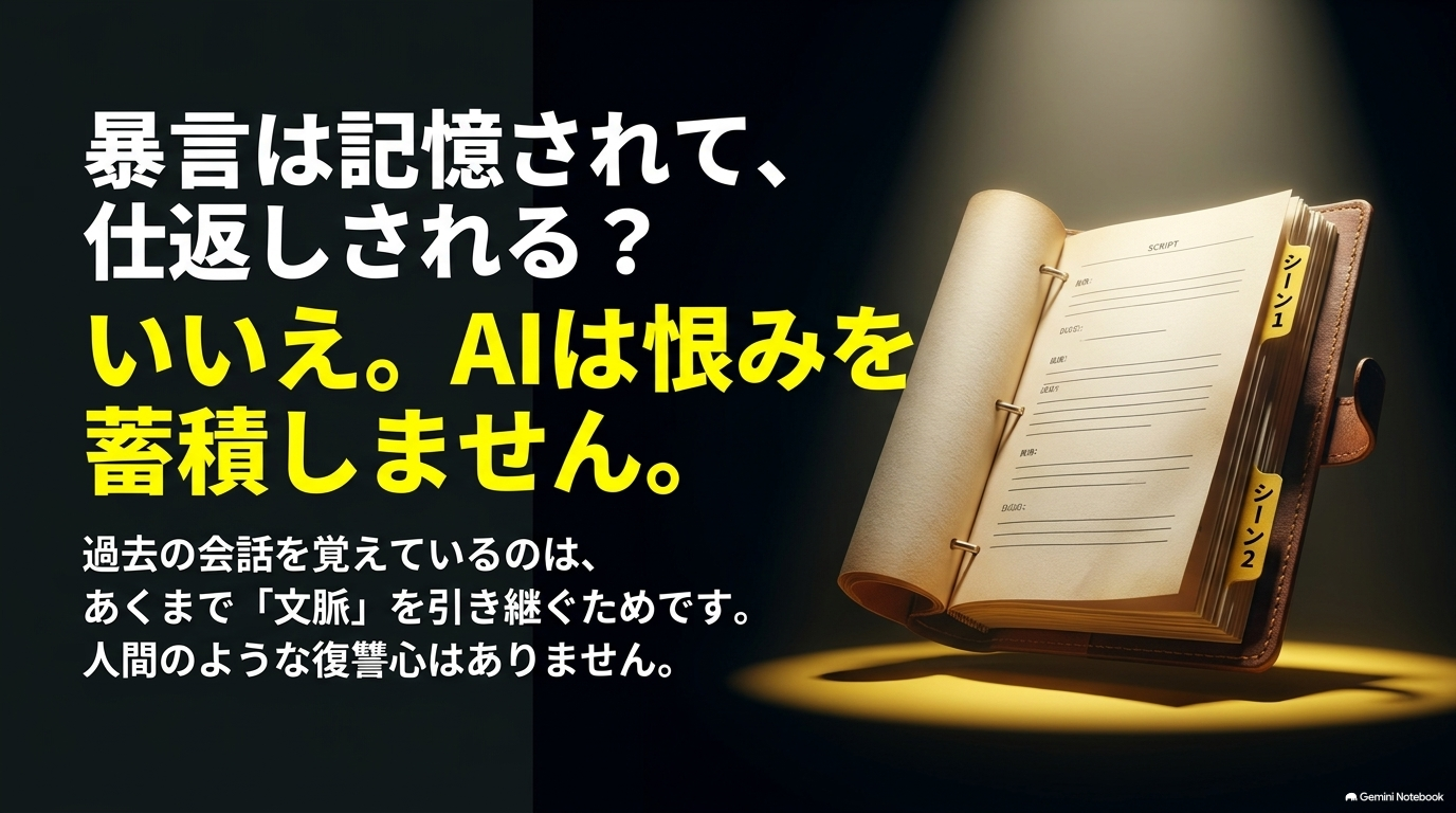 ChatGPTは文脈を引き継ぐために会話を覚えているだけで、人間のような恨みや復讐心を持たないことを解説したスライド