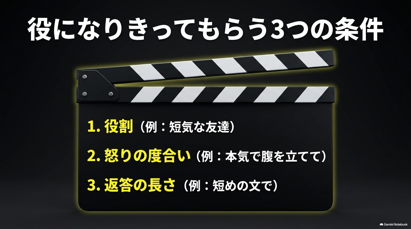 ChatGPTに役を演じてもらうための3つの条件(役割、怒りの度合い、返答の長さ)をまとめたスライド