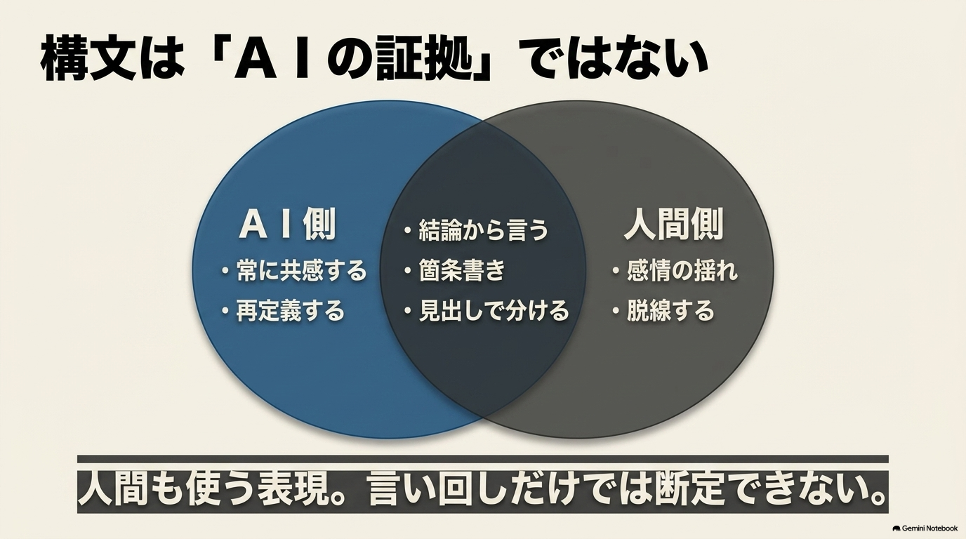ChatGPT構文は人間も使う表現であり、言い回しだけでAIが書いたと断定することはできない
