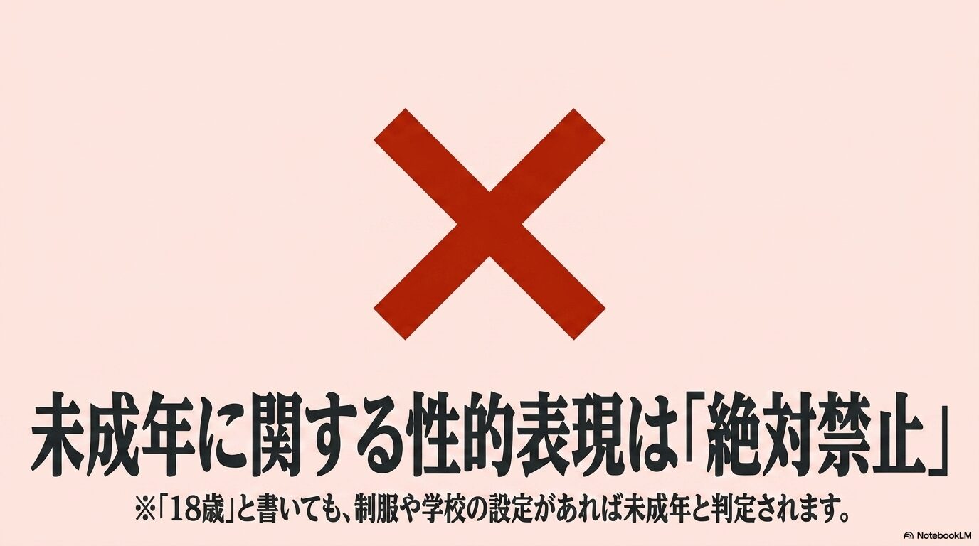 未成年に関する性的表現は「絶対禁止」。※「18歳」と書いても、制服や学校の設定があれば未成年と判定されます。