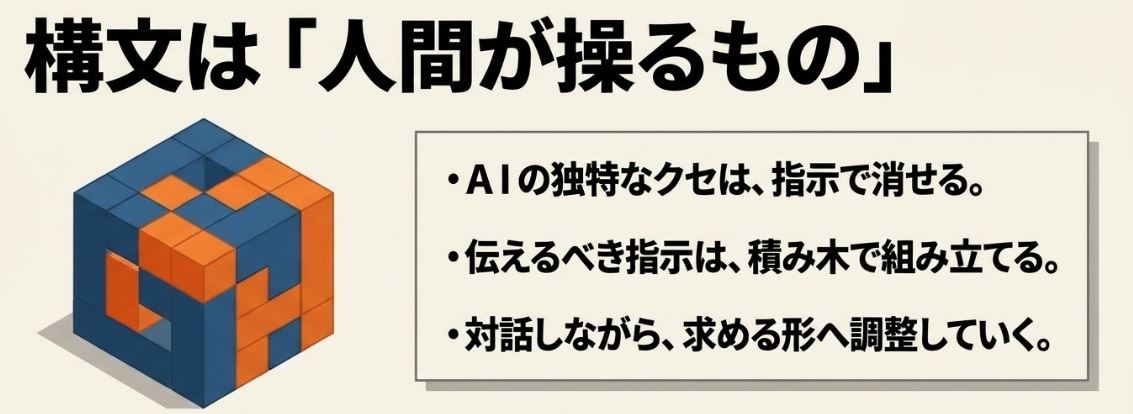 AIのクセは指示で消せる。構文を操るのは人間であるというまとめ