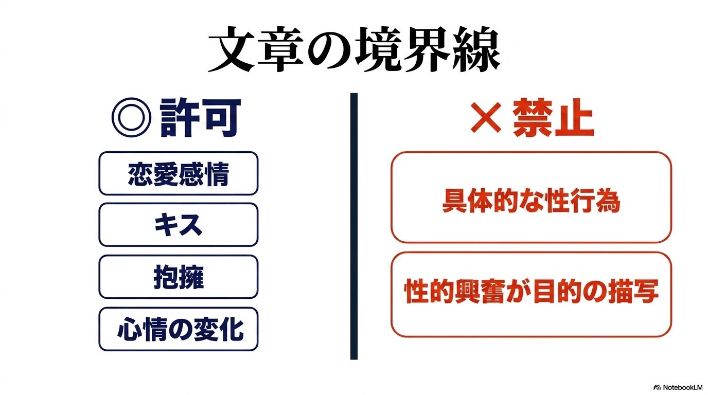 文章の境界線。許可される表現(恋愛感情、キス、抱擁、心情の変化)と禁止される表現(具体的な性行為、性的興奮が目的の描写)