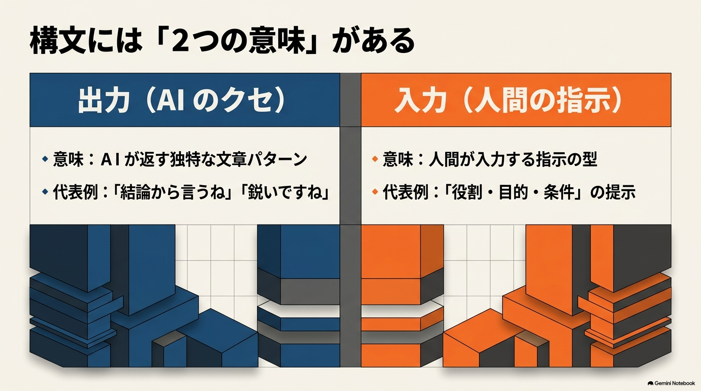 構文には出力(AIのクセ)と入力(人間の指示)の2つの意味がある